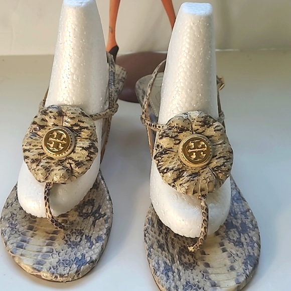 Tory Burch Shoes - Tory Burch Python Wedge Womens Size 7.5 Sandals Emblem Leather Thong Slingback